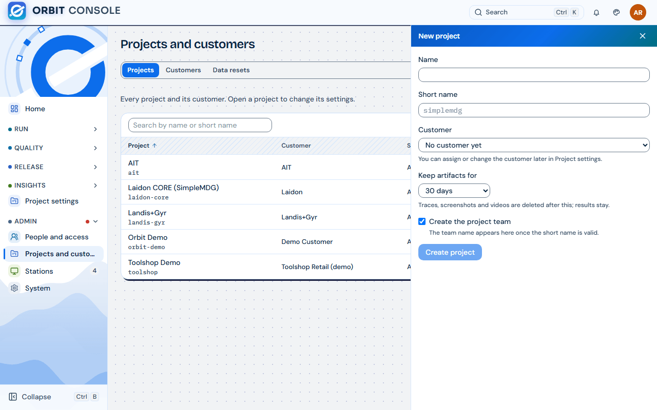 Panel New project ở Admin, Projects and customers, với các field Name, Short name, Customer, Keep artifacts for và Create the project team