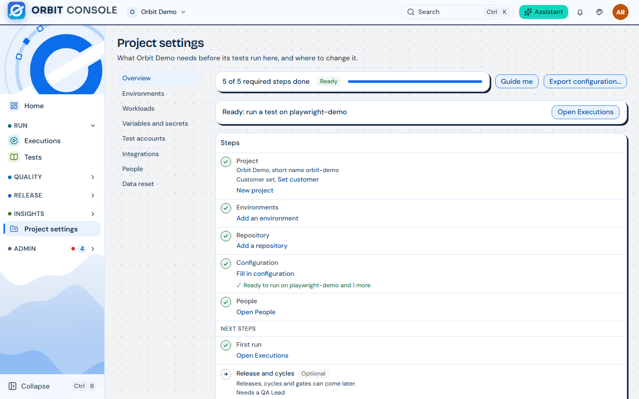 Project settings, Overview: the required steps done, Guide me, Export configuration and the list of steps