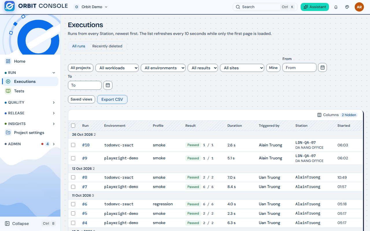 The Executions list with its filters, Saved views and Export CSV, and runs grouped by day; the Triggered by and Station columns are hidden in this picture