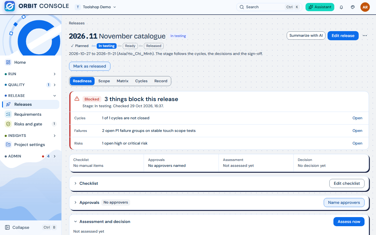 The Readiness tab of a release: the verdict and what blocks the release, then Checklist, Approvals, Assessment and Decision